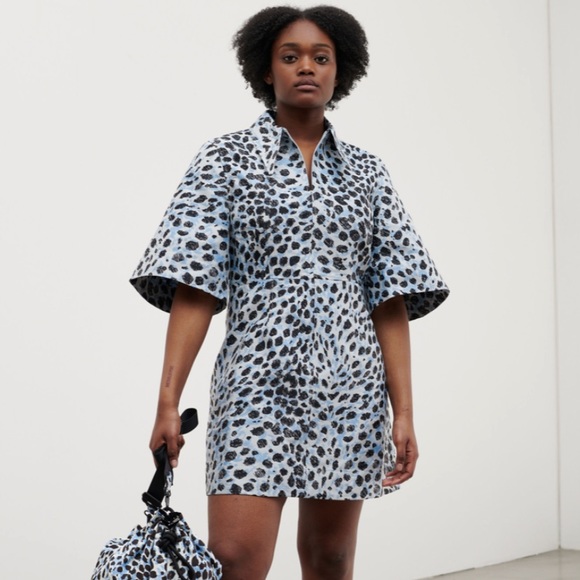 GANNI Crispy Jacquard Long Collar Mini Dress in Egret Blue - Picture 3 of 4